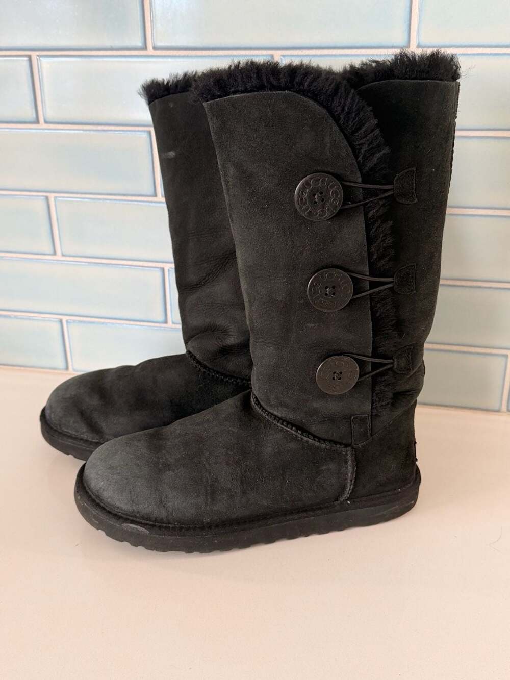 UGG Women's Bailey Button Triplet Boots Black Suede- gently worn - size 7
